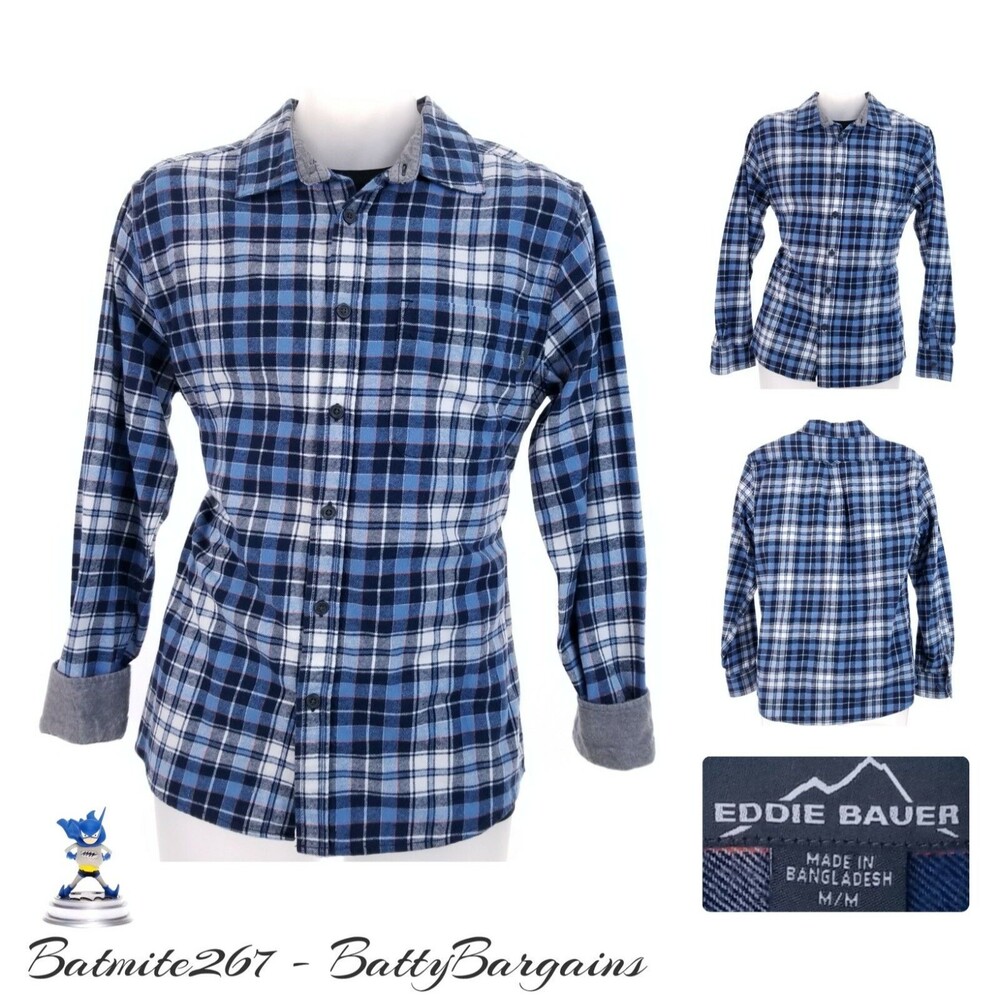 Eddie Bauer Mens M FLANNEL Shirt Camisa Blue Plaid Fleece